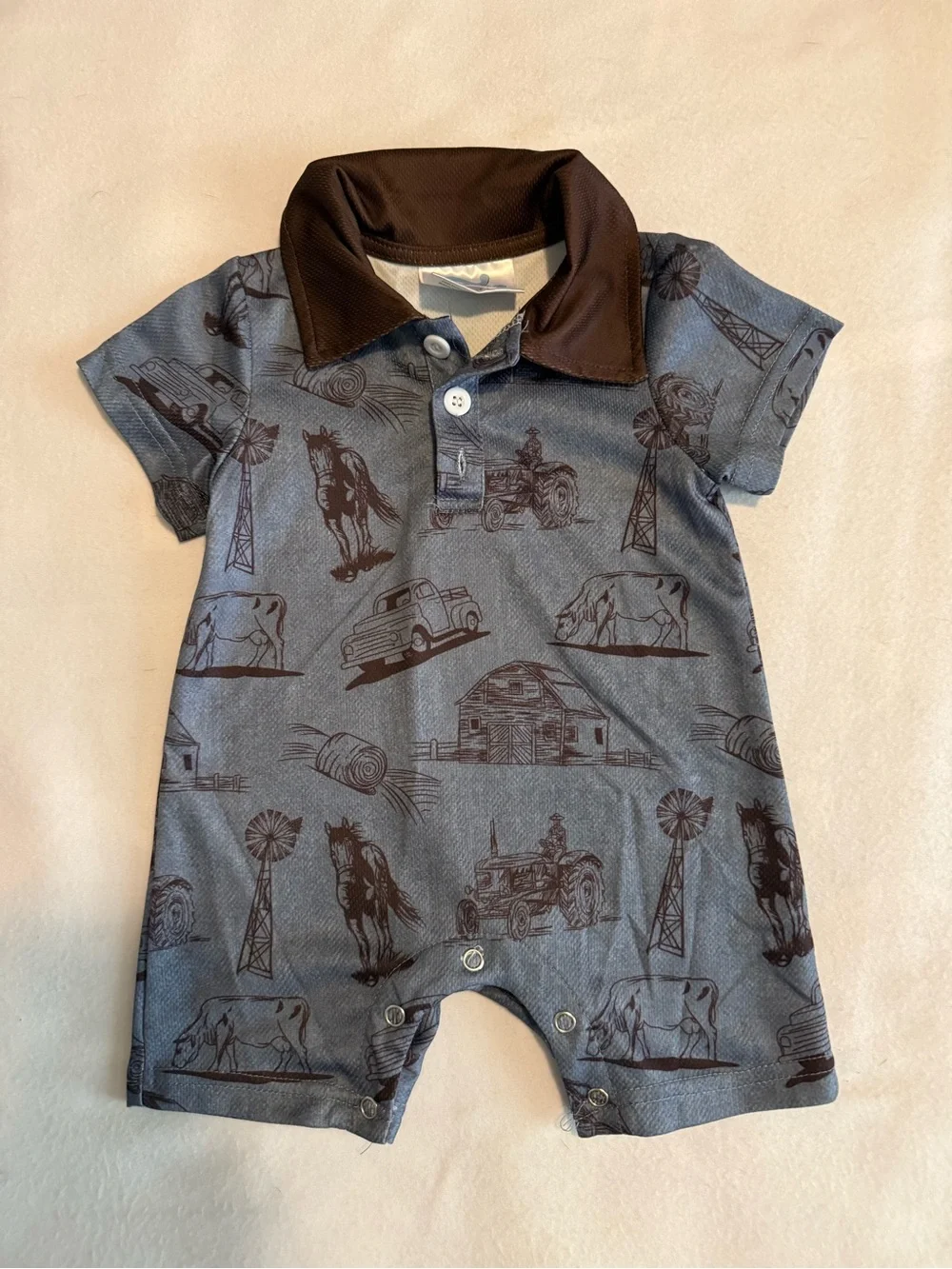 Boys Farm Print One-Piece Romper - Blue & Brown